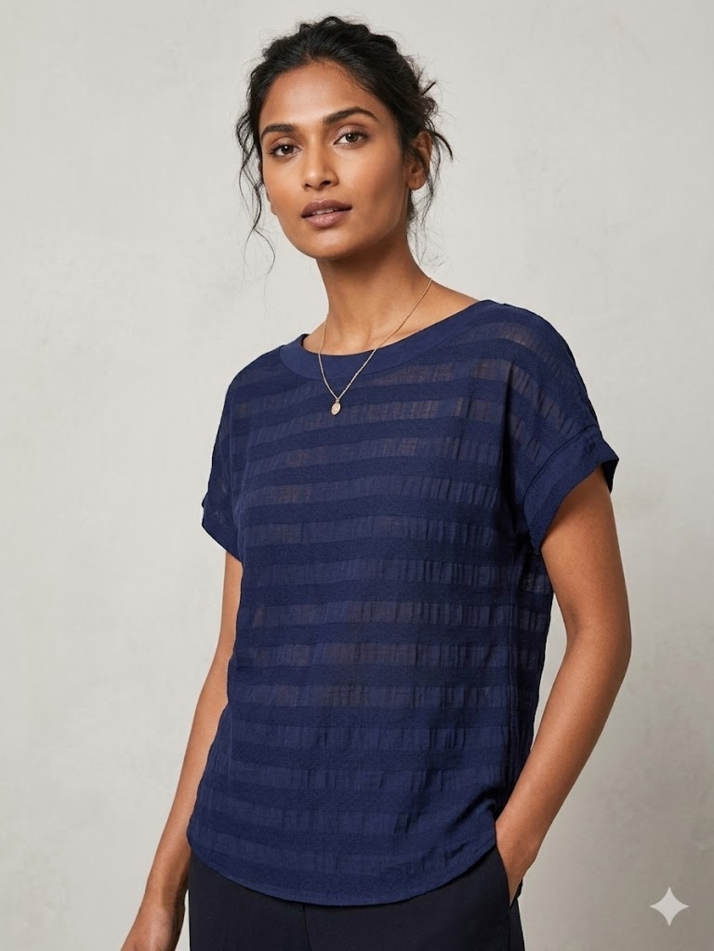 Next Navy Blue Textured Mixed Media Short Sleeve Top | Size 8